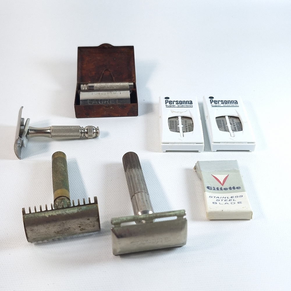 Vintage Safety Razor Lot: Laurel Miniature, Gillette Open Comb, Personna Blades